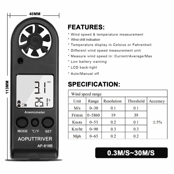 Digitalt anemometer håndholdt vindmåler for måling av vindhastighet, temperatur og maks, måling for windsurfing seiling fiske(svart)