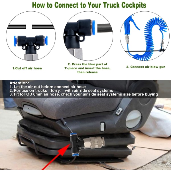 Kuorma-auton puhalluspistooli, pneumaattinen puhalluspistooli spiraaliputkella, ilmapistooli puhdistussarja kuorma-autolle T-liittimellä (6 mm), sininen