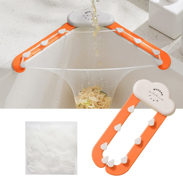 Kjøkkenvask Trekantfilter Tri-Holder Kjøkkenvask Sil Avløpssil med et sammenleggbart stativ og 100 stk filtrerende nettingposer - oransje Orange