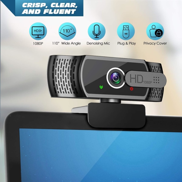 Webcam til pc med mikrofon - 1080P FHD-webkamera med beskyttelsesdæksel og webcam-beslag, Plug and Play USB-webkamera til stationær og bærbar konference