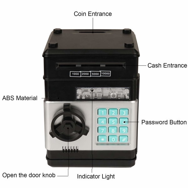 Elektroninen säästölipas, Mini ATM -salasanaraha-automaatti, käteisen ja kolikoiden säästölipas, piirretty kassakaappi, täydellinen lelulahja (musta) Black