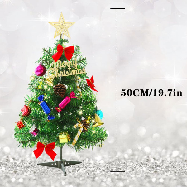 Mini julgran med LED-lampor 50 cm bordsskiva julgran med dekorerade presentförpackningar, hängande prydnader och en stjärna trädskiva för hemmakontoret