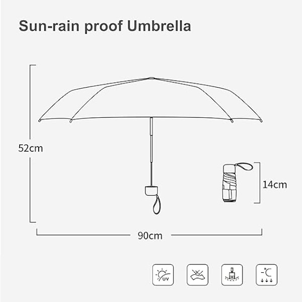 Sammenleggbar Reiseparaply, Liten Kompakt Paraply for Sol og Regn Vindtett UV-paraply med Glidelåsveske for Kvinner Jente, Beige