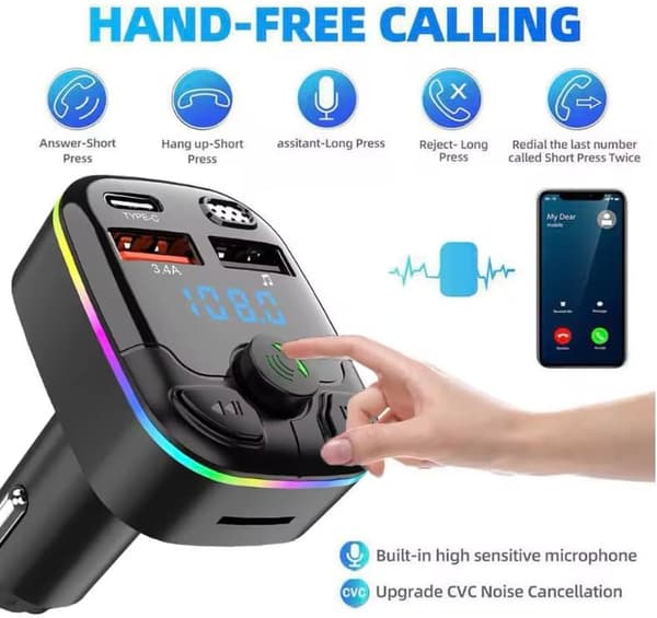 Bluetooth FM-sender til bil, trådløs håndfri opkald, MP3-afspiller, dobbelt USB-understøttelse SD-kort, USB og flashdrev (sender + USB-C-kabel)