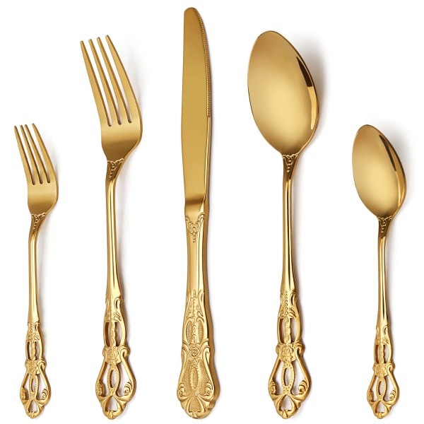 Set, 20 delar guldfärgat set för 4 personer gjorda av rostfritt stål, lyxigt palatsstil set, högpolerad kniv gold