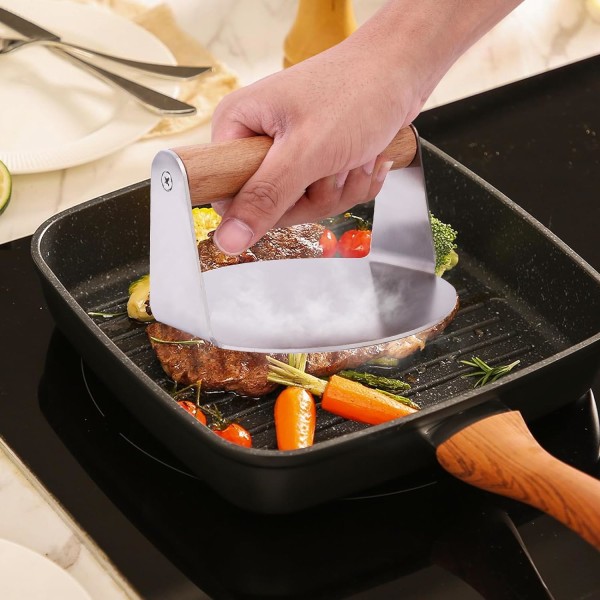 Smash Burger Press, 5,5 tommers matkvalitet 304 rustfritt stål hamburgerpresse, for Flat Top Griddle Grill Steking Steker BBQ（Tretthåndtak） wood