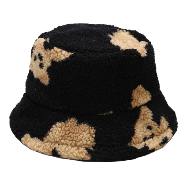 Vinter Bucket Hat til Damer Varme Hatte Sødt mønster imiteret pels Fisherman Cap Black