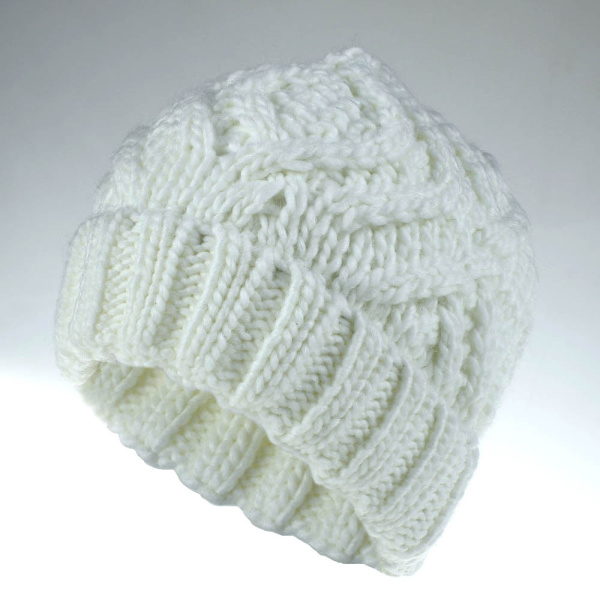 Unisex Vinter Varm Strikhue Rhombus Chunky Strik Solid Cuffed Skull Cap White