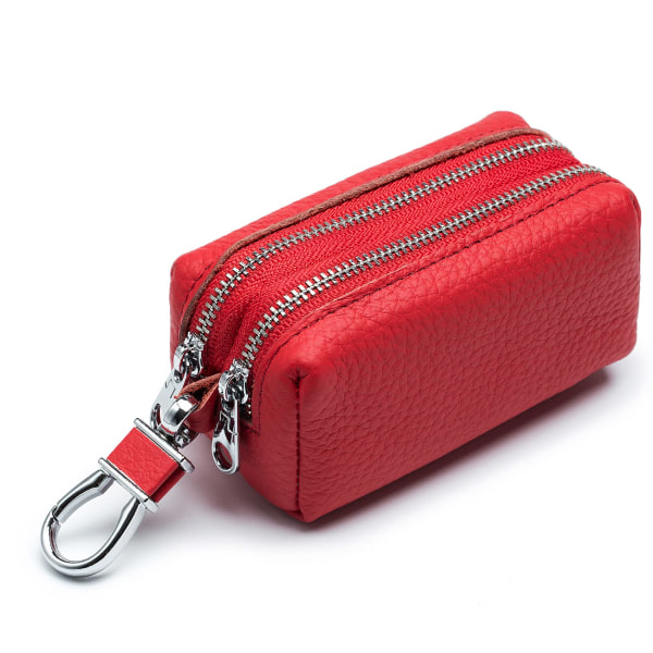 Case i äkta läder, unisex nyckelring med dubbel dragkedja Plånbok Myntväska med metallkrok Red