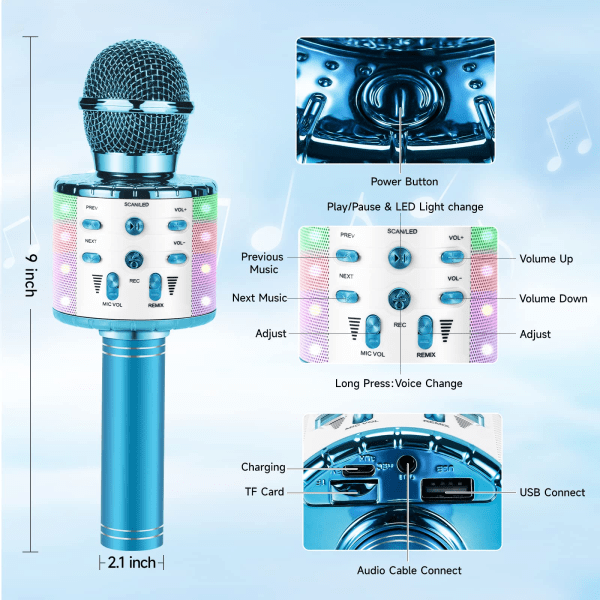 Mikrofon til børn, trådløs Bluetooth-mikrofon Karaoke Bluetooth-børnemikrofoner, Karaoke-højttalermaskine Hjem KTV-afspiller (blå)