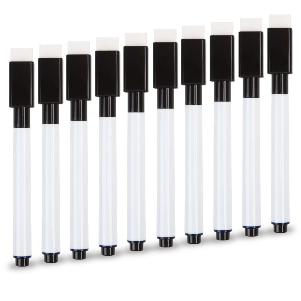 Små whiteboard-pennor, 10 st svarta whiteboard-markörpennor med torra spetsar med radergummi Whiteboard-penna med fin spets