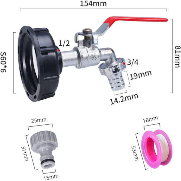 Tankhane, med vandslangehane adapter, S60X6 IBC haneforbindelse, havehane til regnvandssamler (1/2\" plastikadapter) Plastic