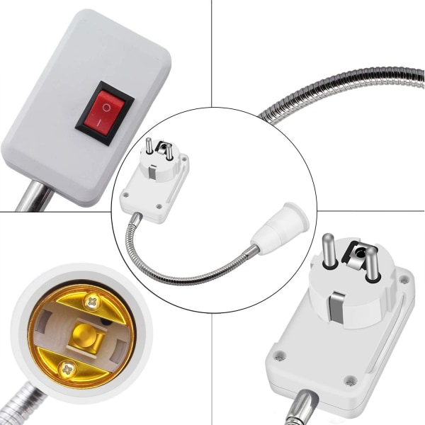 2 stk. E27 LED-pæreholder med bryter, lampeholderadapterkonverter med 5,9\" fleksibel svanehals og EU-plugg