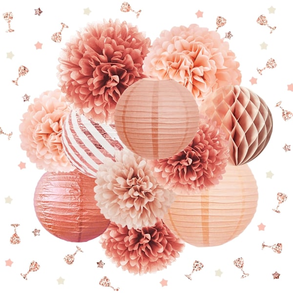 11 stk. Elegante Festlige Tilbehør Vævs Pom Poms Papir Lanterne Glitter Konfetti 30G til Bryllup Brudebrud Baby Shower Fødselsdag Dekorationer, Pink