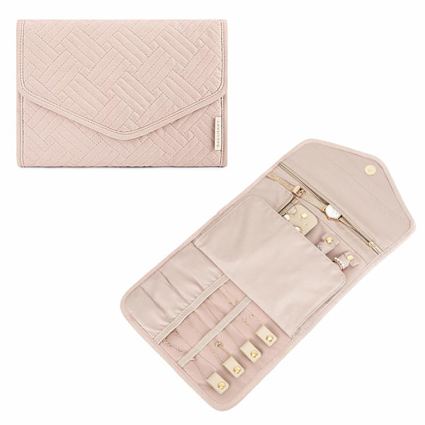 Resesmyckesorganisatör, hopfällbar smyckesförvaringsrulle för resor - ringar, halsband, armband, örhängen, (liten-rosa) Pink