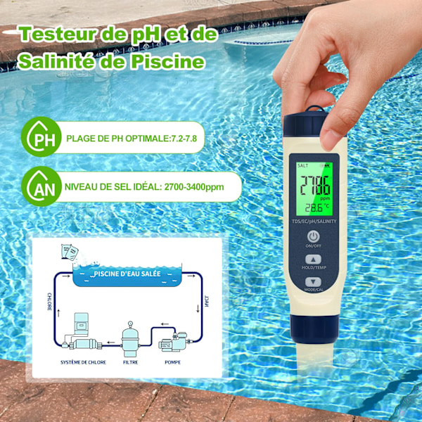 5-i-1 pH-mätare med LCD-display, automatisk temperaturkompensation, elektronisk pH-mätare, lämplig för dricksvatten, akvarier och swimmingpooler.