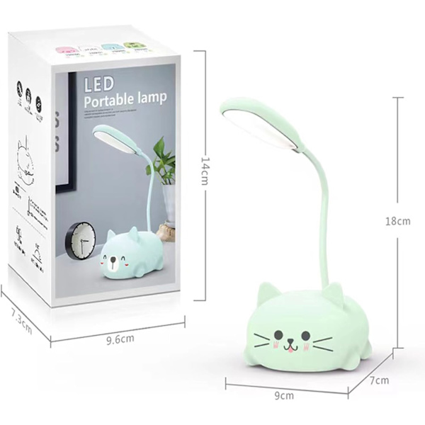 LED-skrivebordslampe for barn, søt kattelampe USB-oppladbar leselampe, bærbar LED-bordlampe (grønn)