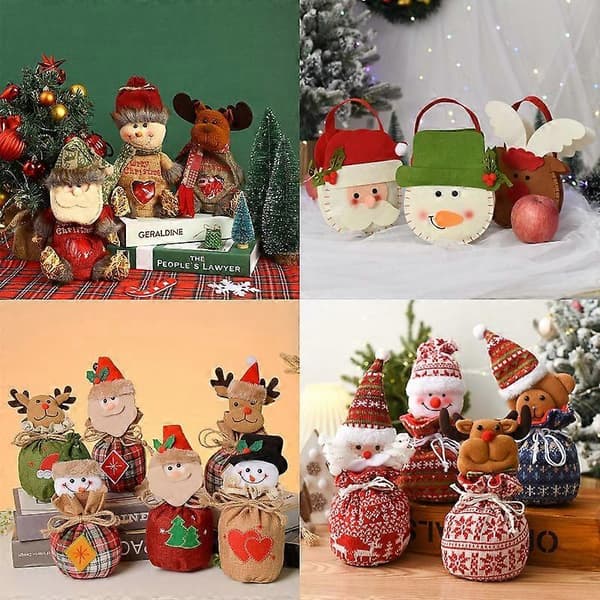 Juldekorationer, julklappspåsar, julgodispåsar, juläppelpåsar, julhandväskor, röd snögubbe