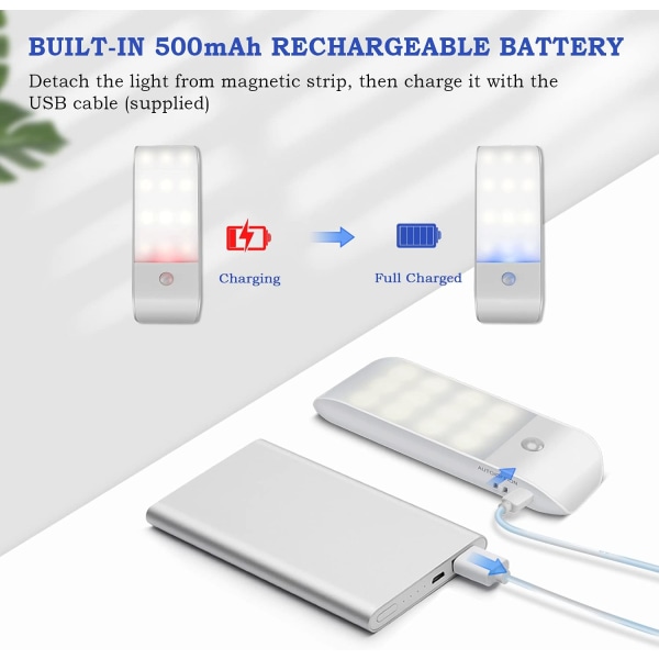 Automaattinen LED-yövalo [2 kpl], 12 LED-yövalo USB-ladattava kaappivalo liiketunnistimella Magneettinen liimaliuska, 3 tilaa (Auto/On/Off)