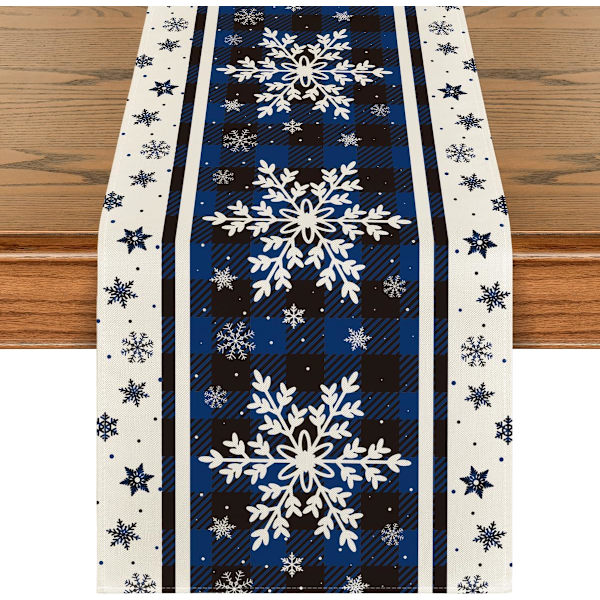 Blå Buffalo Plaid Snefnug Julebordløber, Sæsonbestemt Vinter Køkken Spisebord Dekoration til Hjemmefest Dekoration 13x90 Tommer