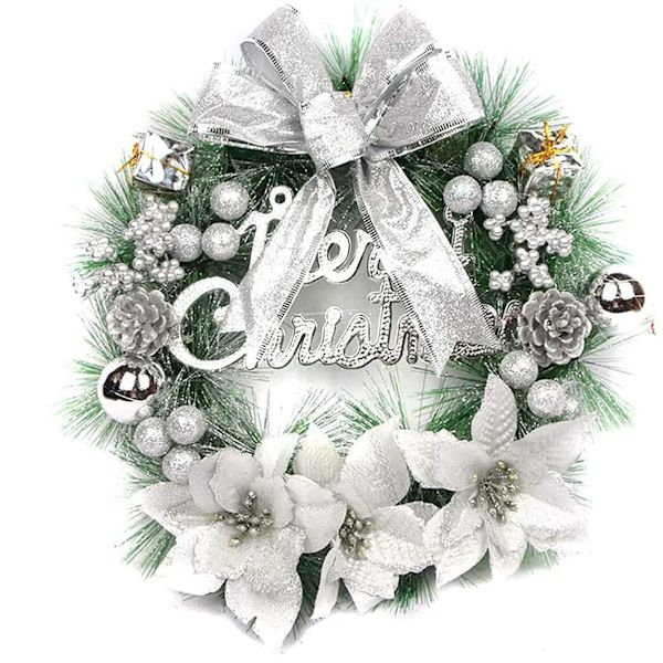 Julekranser til inngangsdøren, 40 cm julekrans vinter kunstig julekransdekorasjon med sløyfeblomsterkule (sølv) Silver 40cm