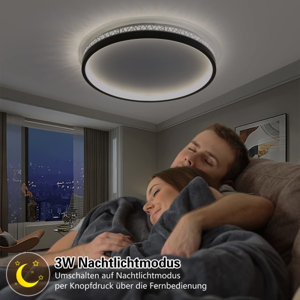 LED-taklampe dimbar med fjernkontroll, 30W 30cm rund svart huldesign "fuglerede" taklampe soverom