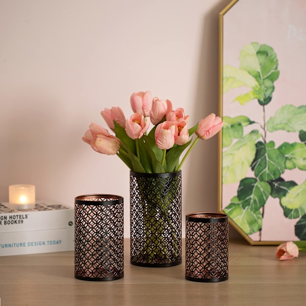 Ljusstakar Set om 3 Metall för Pelarljus Orkan Brons Ljusstake Retro, Bröllopsfest Hem Mantel Svart & Guld