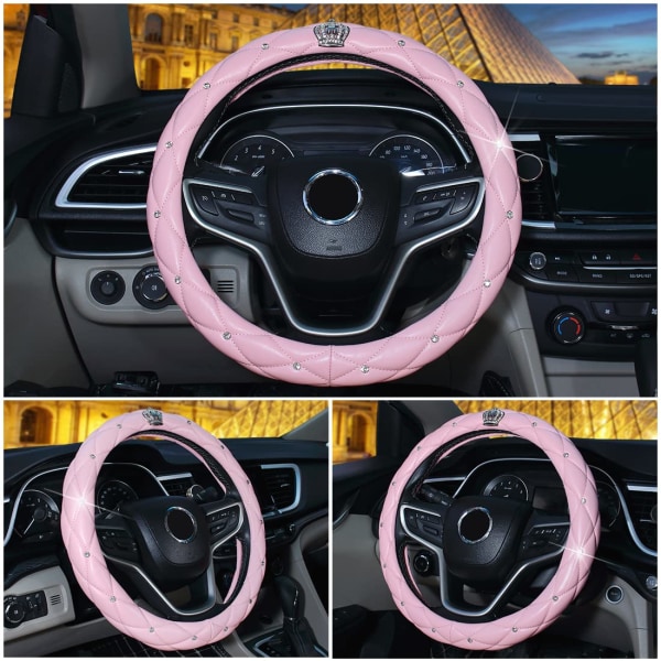 Rattskydd med Bling Diamond, Universal Läder Anti-Slip Bilskydd Rattskydd Glittrande Krona Biltillbehör för Kvinnor Damer (Rosa) Pink