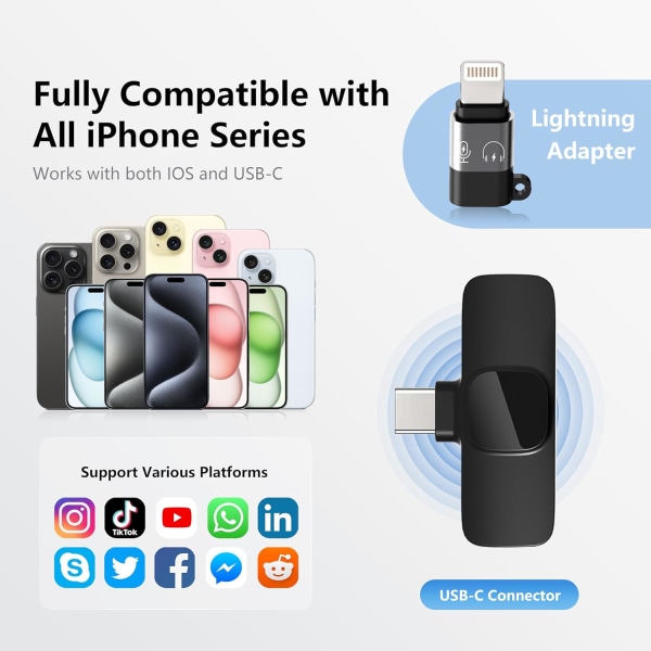 Trådløse mikrofoner til iPhone iPad, Clip-on Lapel Lavalier Bluetooth-mikrofon til videooptagelse, pc, bærbar computer, livestreaming (iOS og USB-C/2 mikrofoner)