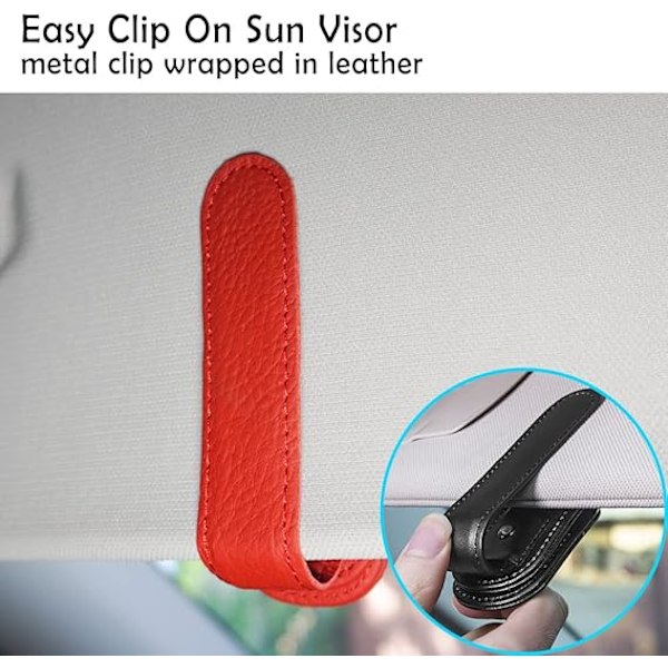Solglasögonhållare för bilvisir, Magnetisk läderglasögonklämma för bil, Biljettkortsklämma Solglasögonfäste (1, röd)