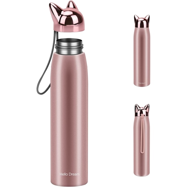 Søt katt vannflaske, rustfritt stål isolerte vannflasker termos vakuum reise kaffekopp, 320 ml/10,8 oz (rosa) Pink