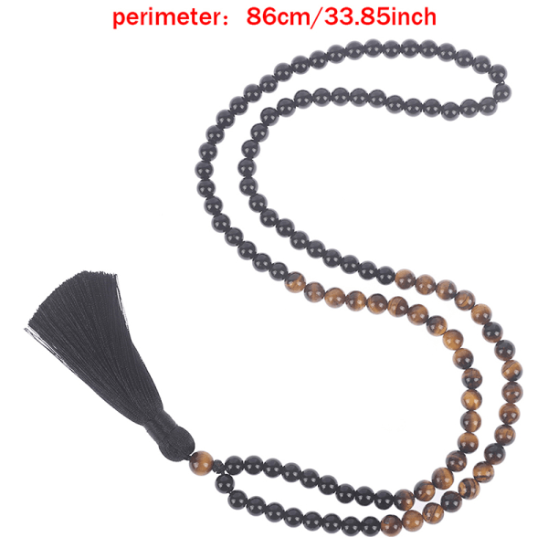 Svart onyx & trä pärlstav Mala Buddha tofs halsband B B