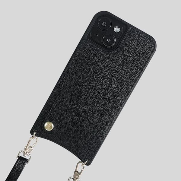 Kotelo iPhone 16:lle, jalusta, korttipaikka, kaulanauha, musta Noz8943