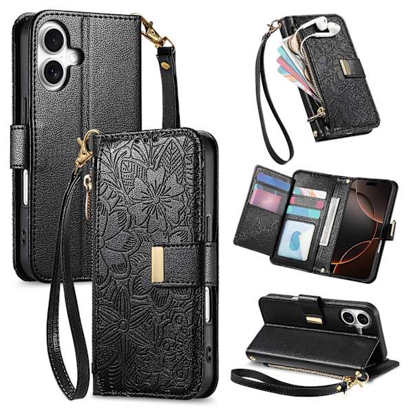 Etui til iPhone 17 E/16E (ikke til 16) Lanyard Lædertekstur Sort Noz5754