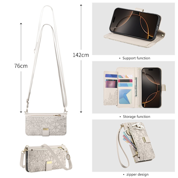 Etui til iPhone 17 E/16E (ikke til 16) Lanyard Lædertekstur Off White Noz5758