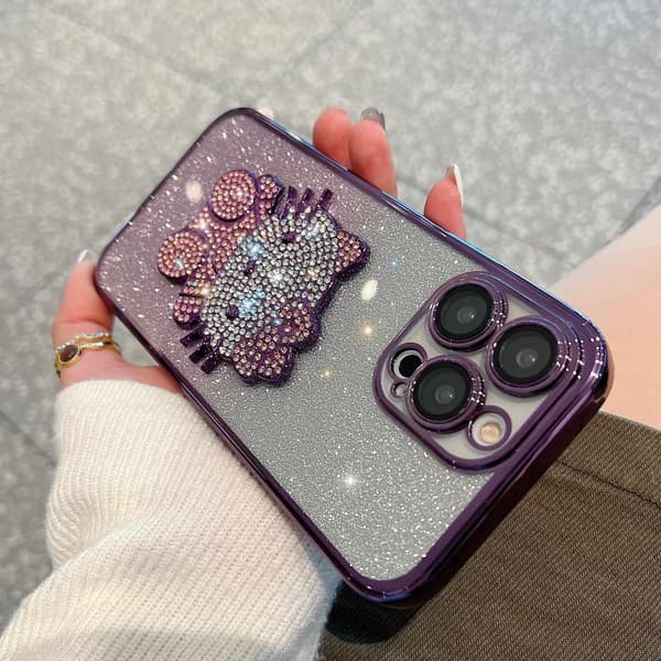 Fodral för iPhone 15 Pro Glitter Diamantdetalj Linsdetalj Rosa Lila