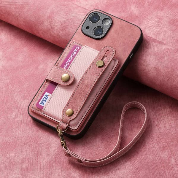 Fodral för iPhone 15 Stativ Kortplats Rem Lädertextur Rosa Noz7703