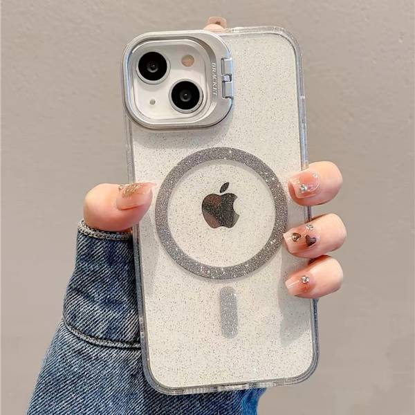 Etui til iPhone 15 Glitter Magnetisk Stativ Linse Detalj Klar Hvit