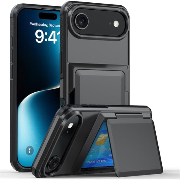 Kotelo iPhone 16:lle, jalusta, korttipaikka, harmaa Noz5078