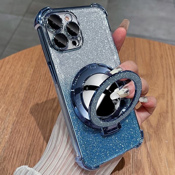 Etui til iPhone 14 Pro Max Glitter Spejl Stand Linse Detalje Pink Noz2431