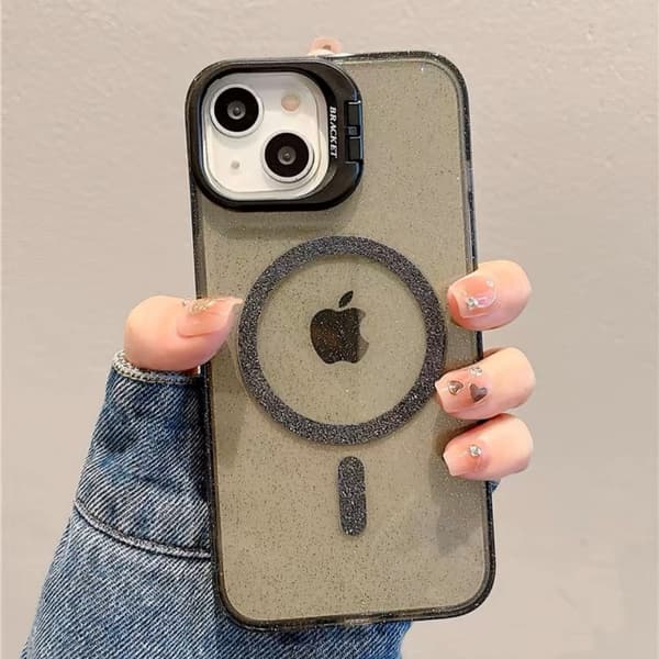 Etui til iPhone 14 Glitter Magnetisk Stand Linse Detalje Klar Sort