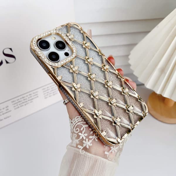 Etui til iPhone 15 Glitter Rhinestone Aksent Elektrobelagt Gull