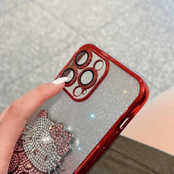 Fodral för iPhone 16 Pro Max Glitter Diamantdetalj Linsdetalj Rosa Röd