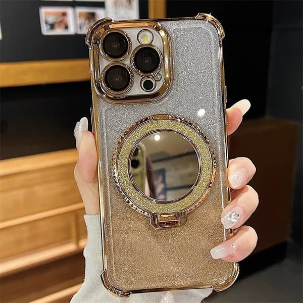Etui til iPhone 15 Plus Glitter Speil Stativ Linse Detalj Rosa Noz2409