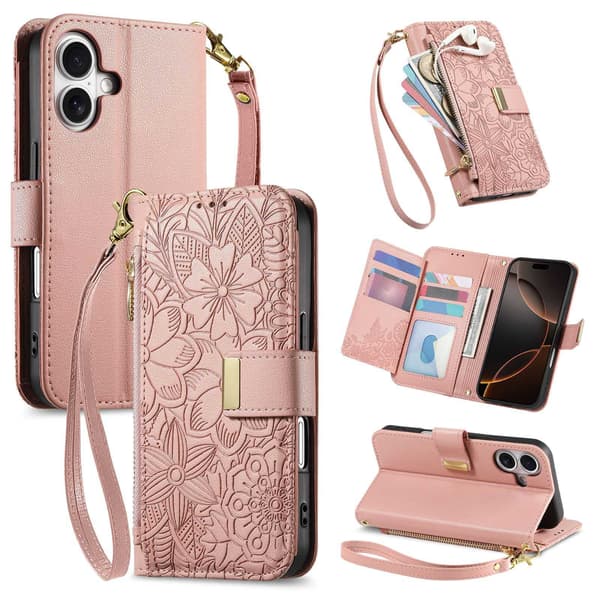 Etui til iPhone 17 E/16E (ikke til 16) Lanyard Lædertekstur Pink Noz5752
