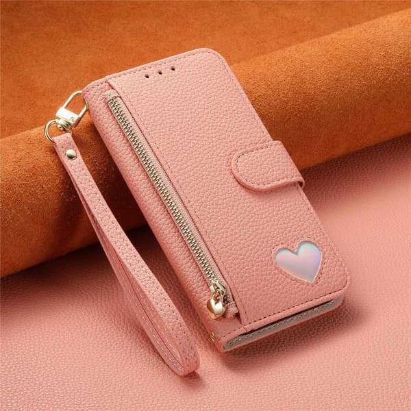 Fodral för iPhone 17 E/16E (Ej för 16) Love Zipper Wallet Rosa Noz15376