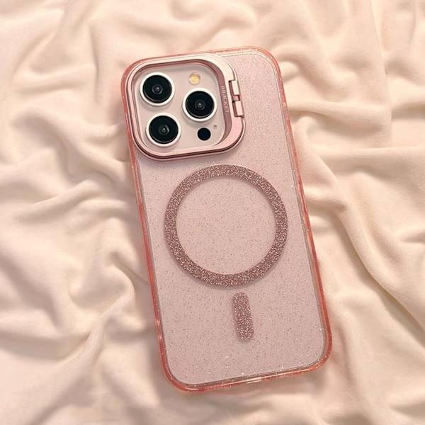 Fodral för iPhone 16 Plus Glitter Magnetiskt Stativ Linsdetalj Klar Rosa