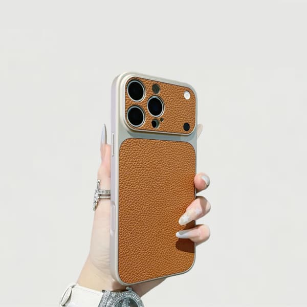 Kotelo iPhone 14 Pro Max -puhelimelle, nahkatekstuuri, samppanjapronssi