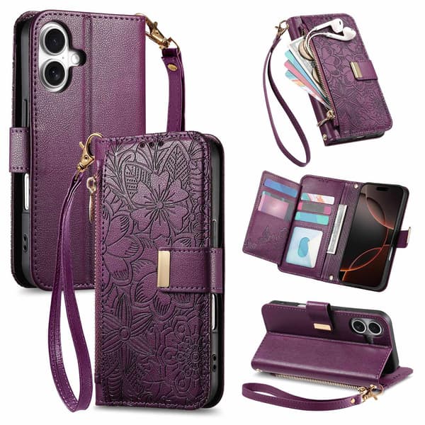 Etui til iPhone 17 E/16E (ikke til 16) Lanyard Lædertekstur Lilla Noz5755