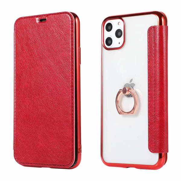 Fodral för iPhone 16 Plus Klar Kortplats Lädertextur Klar Röd